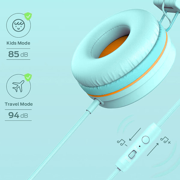 Hovetelefoner til børn, ledningsforbundne hovedtelefoner til piger, justerbar hovedbøjle, stereolyd, foldbare, børnehovedtelefoner på øret (orange og grøn)