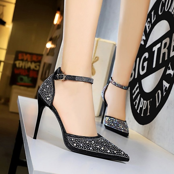 Kvinnors Högklackade Sexiga Stiletto Pumps Stängda Tå Mesh Glittrande Rhinestone Ankelrem Klänning Bröllop Fest Pumps Skor