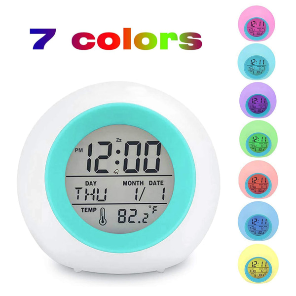 Børnevækkeur, digitalt studerende ur til drenge piger, 8 farver skiftende lys sengelampe ur til børns soveværelse Blue