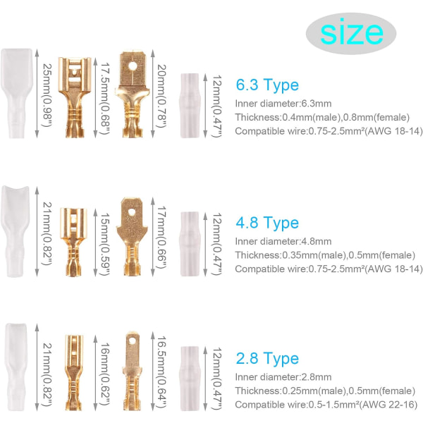 600 STK 2,8 mm 4,8 mm 6,3 mm Fil Connecteur Spade Han og Femelle Ra