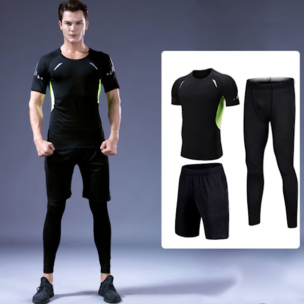 3 Pieces Set Men Fitness Wear Top Shorts Pants Sport Suit Running Training Quick Dry ClothingSilk Screen Black and Green 3 Pcs Set XL