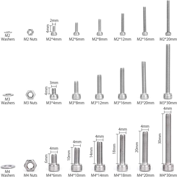 Kit 1080PCS M2 M3 M4 Rustfrit Stål Hex Knap Sockel Hoved Kabel Bolte Skruer med Møtrikker Sortiment