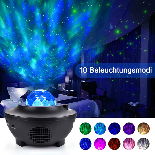 Funkprofi LED-projektor stjernehimmellampe med fjernkontroll, nattlysprojektor for barn med Bluetooth-musikk, stjernestjerne måne vannbølgebølge