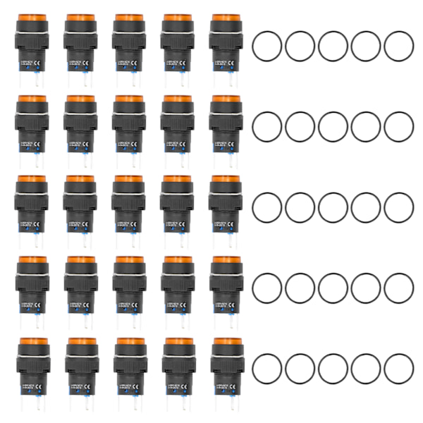 25 stk 16mm 5-pins trykknappbryter Rund selvlåsing strømmbrytere med lys 220V Gul