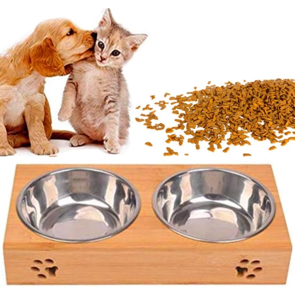 Pet Bowl Wooden Stainless Steel Double Bowl Solid Wooden Dish