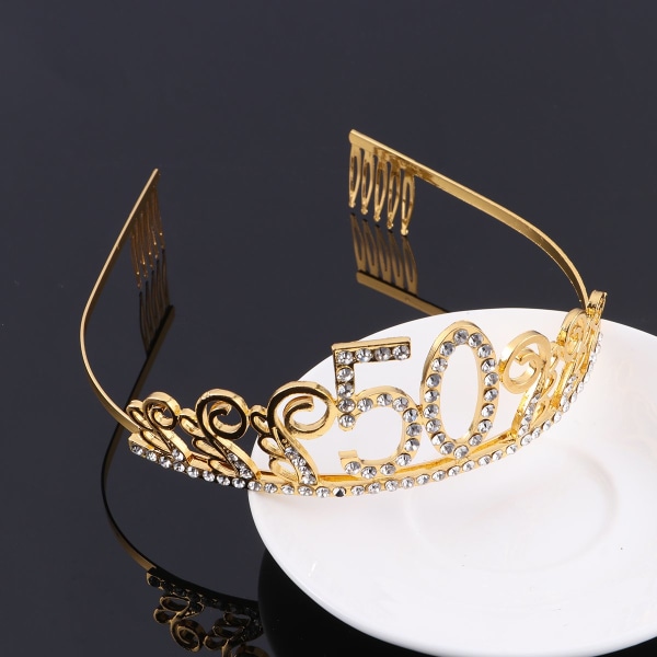 Guld Rhinestone 50-årsdag Tiara Crown med kam, 50:e