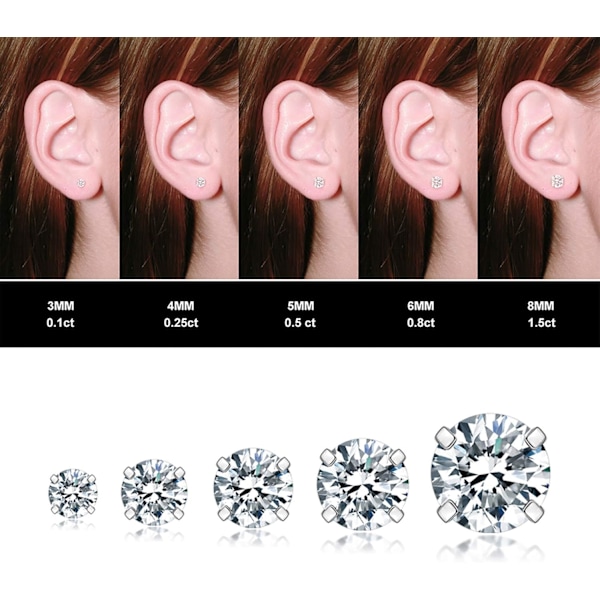 5 Par Studörhängen Set, Hypoallergena Kubiska Zirkoner 316L Örhängen Rostfritt Stål CZ Örhängen 3-8mm