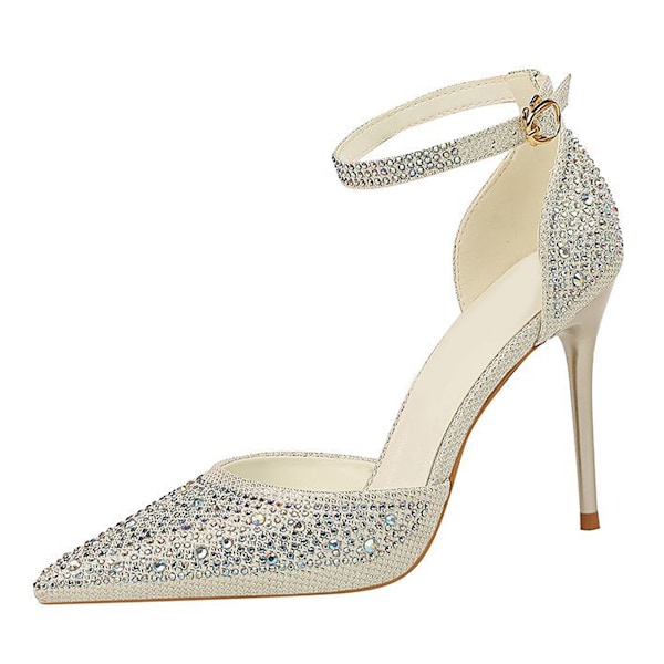 En-rem Glans Rhinestone Sandaler til Kvinder Stiletto Pumps Lukket Tå Mesh Glimtende Rhinestone Ankelrem Kjole Bryllup Fest