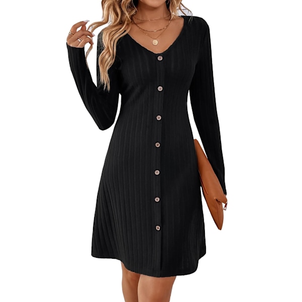 Women's night dresses A line V-neck long sleeve decorative button midi dress