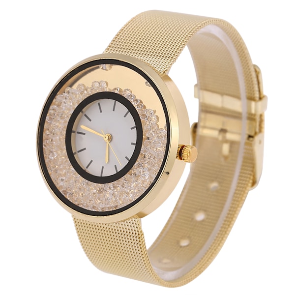 Quartz Analog Wrist Watch Round Alloy Band Rhinestone Dial Dress Wristwatch (Gold)