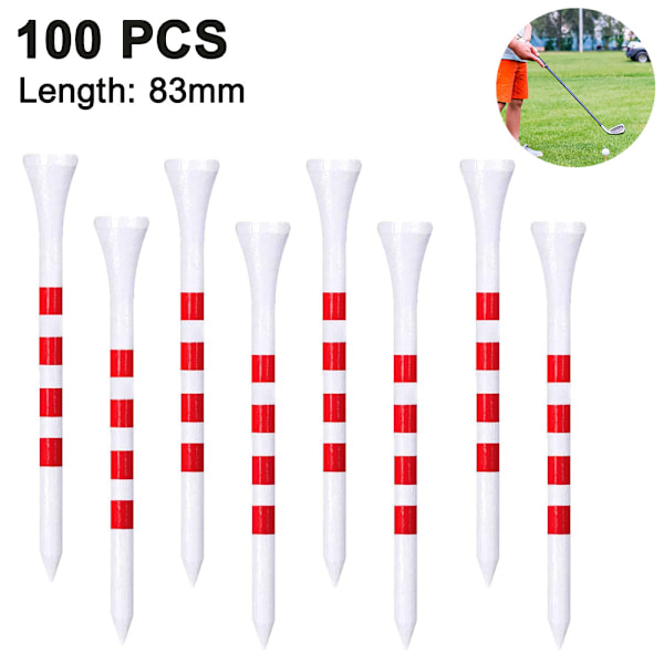 100 Golf-tees i tre - 100 stk 70 mm / 83 mm bambusteer, hvit & rød, tre farge, stripete