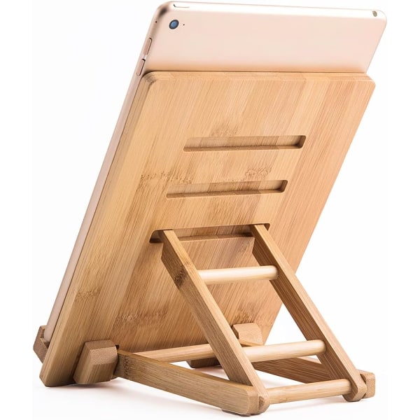 Sammenklappelig tabletstativ i bambus og træ, kompatibel med flere enheder