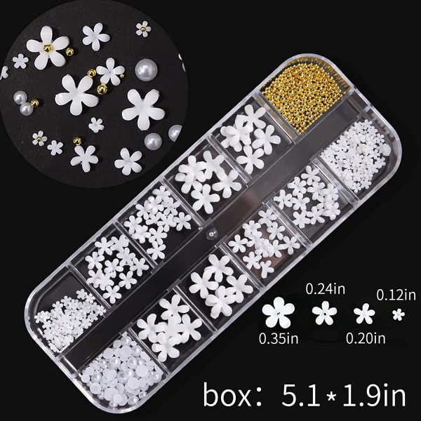 3D Floral Nail Art Charms Sæt Glitter White Flowers Pearl Nail