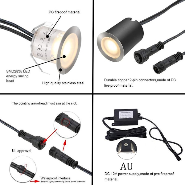 Dekkbelysning Vanntett IP67, Lavspennings LED-lys for Hage, Trapper, Stue, Bad, Terrasse, Bassengdekk, Kjøkken