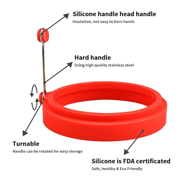 6-pack Äggring, Stekt Äggform för Stekpanna Äggringar Silikonpannkaksmögel Rund Omelettform för Matlagning av Ägg (Röd)