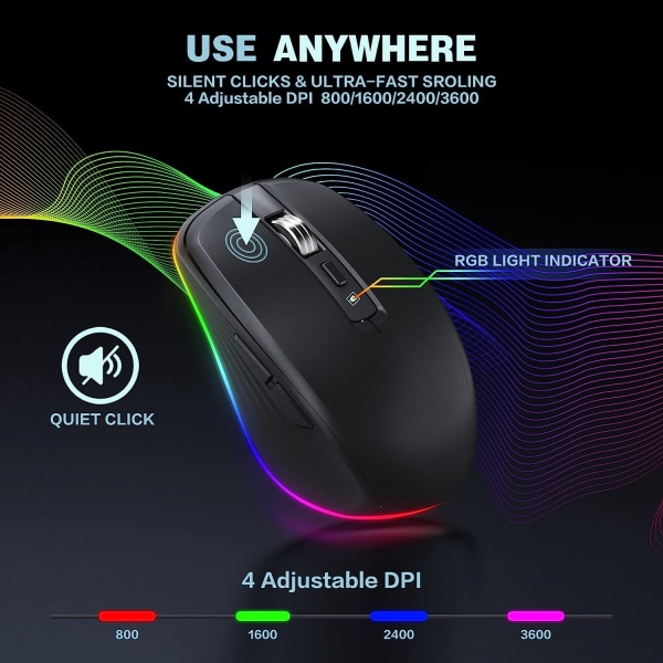 Oppladbar trådløs mus, 2,4G RGB 4 justerbar DPI (maks