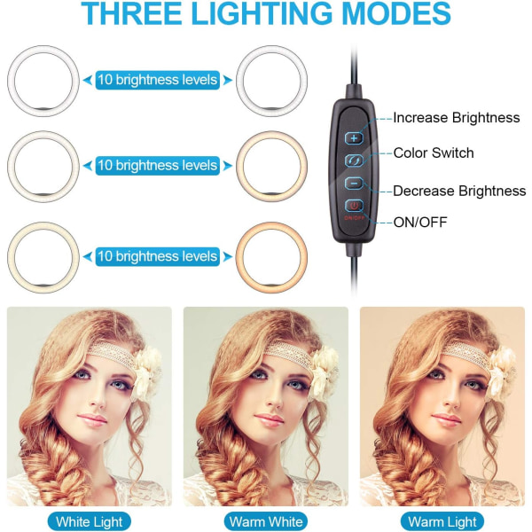 10" Selfie-ringlys med stativstativ, dæmpbar desktop LED La