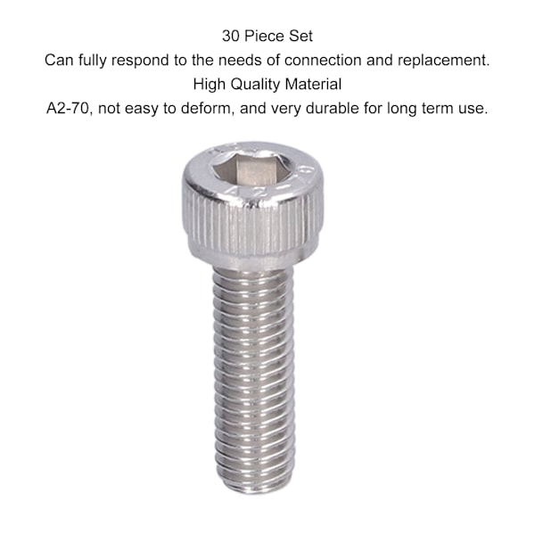 30 stk. Sokkelskrue M5 A2‑70 Metallforbindelsessett for vedlikehold og reparasjon M5x16