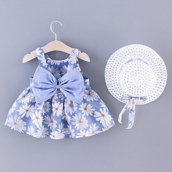 Babypige Sleeveless Sommerkjole Vandmelon Blomster Rynket Prinsesse Kjole Bueslynge Outfit Sæt