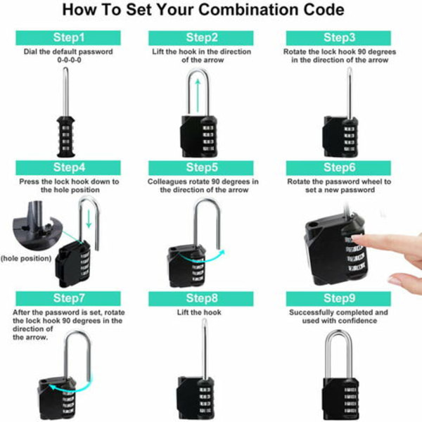 4-sifret kombinasjonslås 2,5 tommer lang sjakkel og vanntett tilbakestillbar utendørs hengelås for treningsskap, haspeskap, dør, gjerde, verktøykasse (svart,