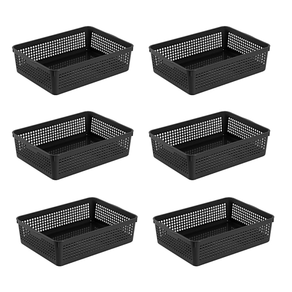 Plastförvaringskorgar/Organiseringskorgar, 34 x 25 x 9,2 cm, Set om 6 (Vit, Svart, Grå) (Svart)