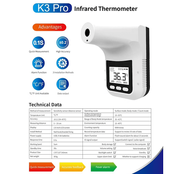 K3 pro Infrarød Temperaturmåling Kontaktløs Smart Sensor Panden Termometer