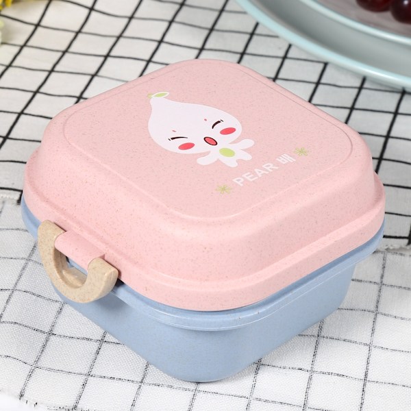 1Pc Wheat Straw Fiber Kids Lunch Box Double Layer Mini Food Container #Pink Lid