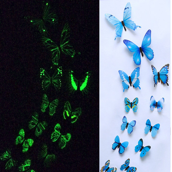 48 stk. Lyse 3D-lysende sommerfugle vægdekoration klistermærker