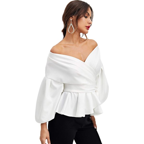 Kvinners Langærmet V-Hals Ruffle Bluse Off Shoulder Tie Midje Wrap Topper White Small