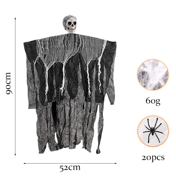 Halloween-dekorasjon Hengende Skjelett Spøkelsesrekvisitter med Spindelvev, Hus Hengende Flytende Spøkelse for Patio Plen Vindu Hus Innendørs Utendørs