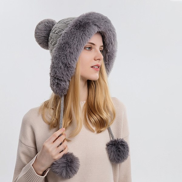 Vinter Söta Varma Pullover Hattar Kvinnor Ull Tjockning Håriga Mössa Ensfärgad Stickad Hatt