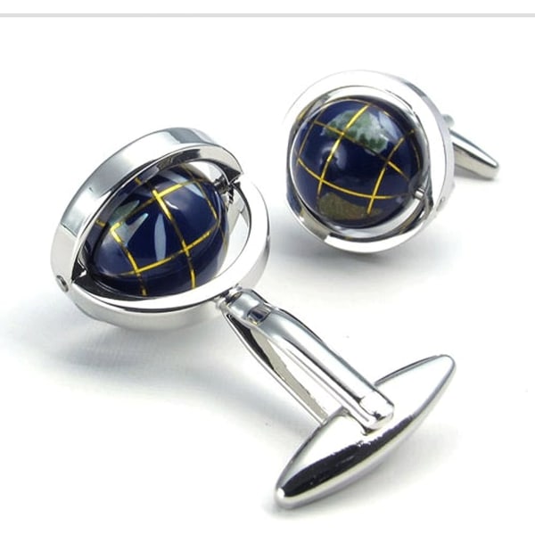 Really Spins Rhodium Plated Blue Globe Earth Mansjettknapper for
