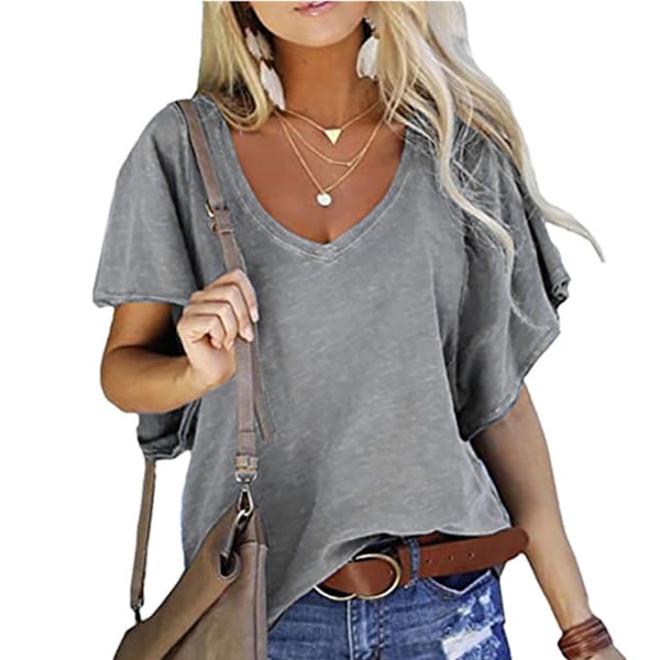 Grå Blus med Volangärmar, V-ringad, Enfärgad, Casual, för Kvinnor, Dejting, Sommar
