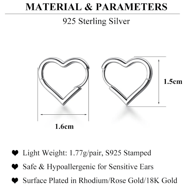 925 sterling sølv hjerteformede øreringe, damer og piger hjerteformede øreringe, omfavnende sølv øreringe