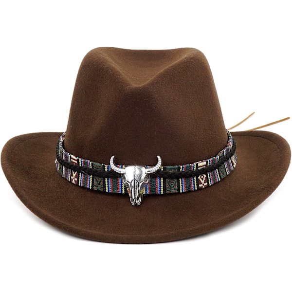Unisex Deformerbar Cowboyhatt Western Cowgirl Outback Hat Cattleman Fedora med Flettet Bånd og Okseskalle