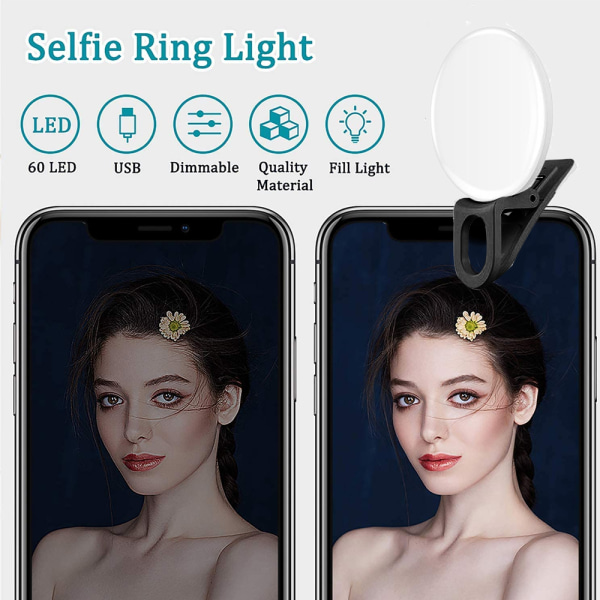 Selfie Clip on Ring Light, Mini Genopladelig Justerbar