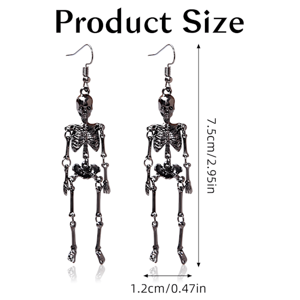 Lange øredobber i rustfritt stål med hodeskalle-skjelett, stang, dråpe, hengende øredobber, hiphop, gotisk, punk, hiphop