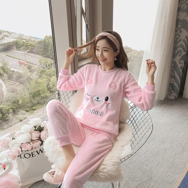 Talvivillaiset Flanelli Pyjamat Hupullinen Coral Fleece Pyjamat Naisille Paksuuntunut Piirretty Naisten Kotiasu Plus Fleece Talvi