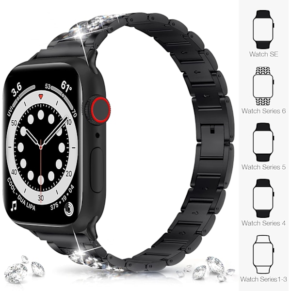 Bändi 38 mm 40 mm 42 mm 44 mm iWatch SE sarja 6 sarja 5 4 3 2 1, Bling-vaihtohihnalle iWatchille, timantti-rihinakivi ruostumattomasta teräksestä Black 38mm/40mm