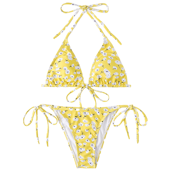 Women's Two Piece Halter Padded Top Tie Side Bottom Triangle Bikini Swimsuit,Yellow,S