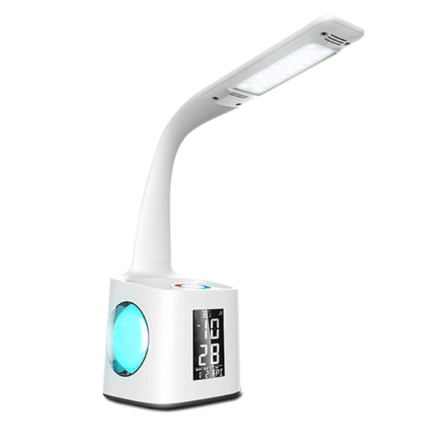 LED-bordlampe med USB-ladeport, nattatmosfærelampe, vekkerklokke, penneholder, kalender, 3-nivå dimmer øyepleie bordlampe for