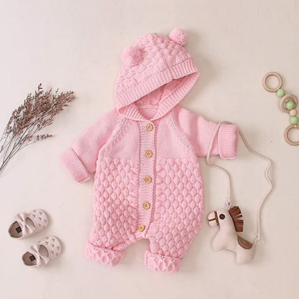 Baby Rompers med Hætte Nyfødt Piger Drenge Strikket Onesies Varmt Trøje Jumpsuit Outfits (90cm, pink)