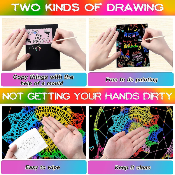 Kids Diy Rainbow Colored Paper Scratch Art Set (50 stk)