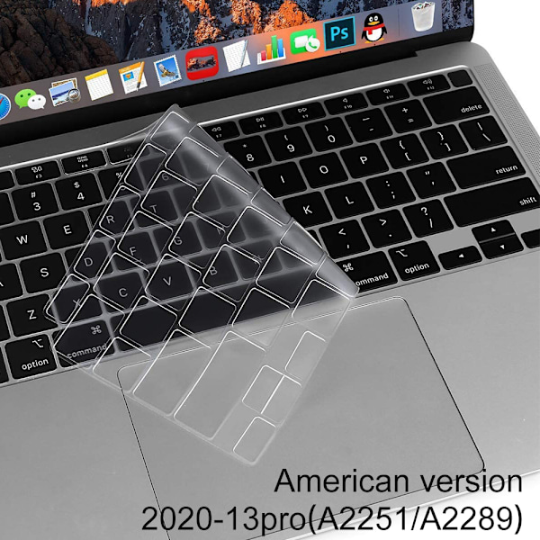 TPU Tastaturdeksel for MacBook Pro 13 tommer A2251 A2289 (utgitt i 2020) Ultra Tynn Beskyttende Usynlig Skinn Tastaturfilm Transparent