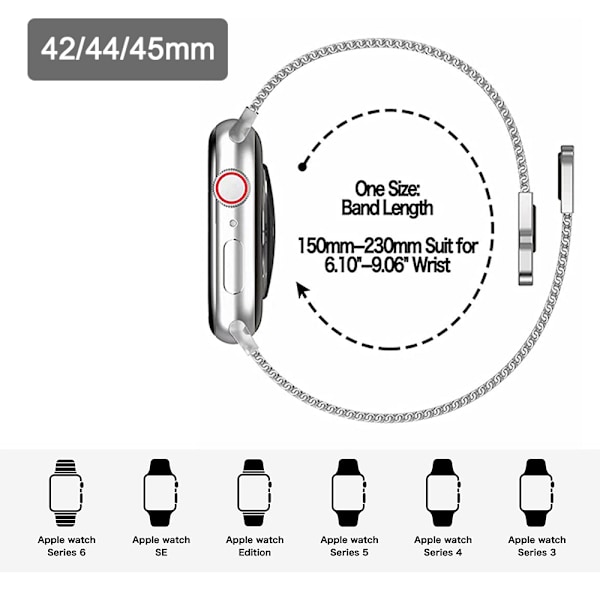 Armband Kompatibel med Apple IWatch Armband, Rostfritt Stål Metall Ersättningsarmband med Dubbelmagnet för iWatch Serie (Silver, 42/44/45)