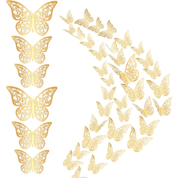 3D Butterfly Väggdekor 36 delar 12 stilar 3 storlekar, guld