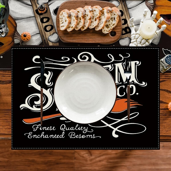 Halloween Hus Placemat Sæt af 4, Spøgelseshus Græskar Farmhouse Place Bordmåtter Vaskbar Linned Køkken Placemats