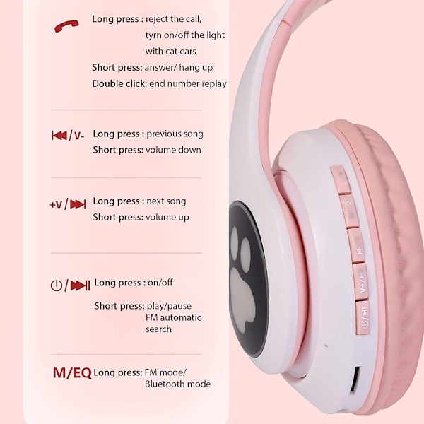 Bluetooth Headset, Katteøre Headset, Ørevarmer Stereo Headset med LED Lys Trådløst, Headset med Mikrofon, Velegnet til Mobiltelefon/Tablet/PC (Pink)