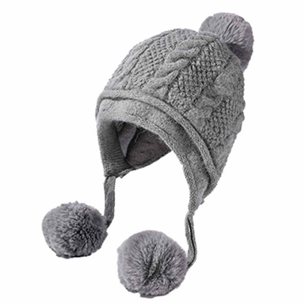 Women Winter Sherpa Beanie Hats Knit Ear Flaps Peruvian Cover Ears Fleece Lined Fluffy Ski Snow Hat 3 Pompoms