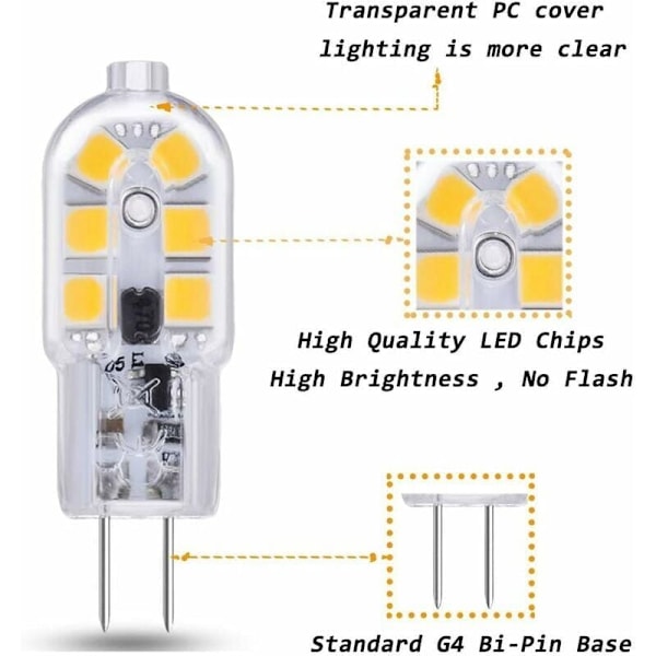 G4 LED pære 12V 2W Kold Hvid 6000K, 200LM, G4 Bi-pin Halogen Ekvivalent 10W 20W, LED G4 Lampe 12V AC/DC til Campingvogn Bil/Køkkenhætte, ikke-dimbar